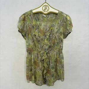 Odille Anthropologie Silk Floral Ruffle Blouse Womens Size 2 Green Boho Feminine